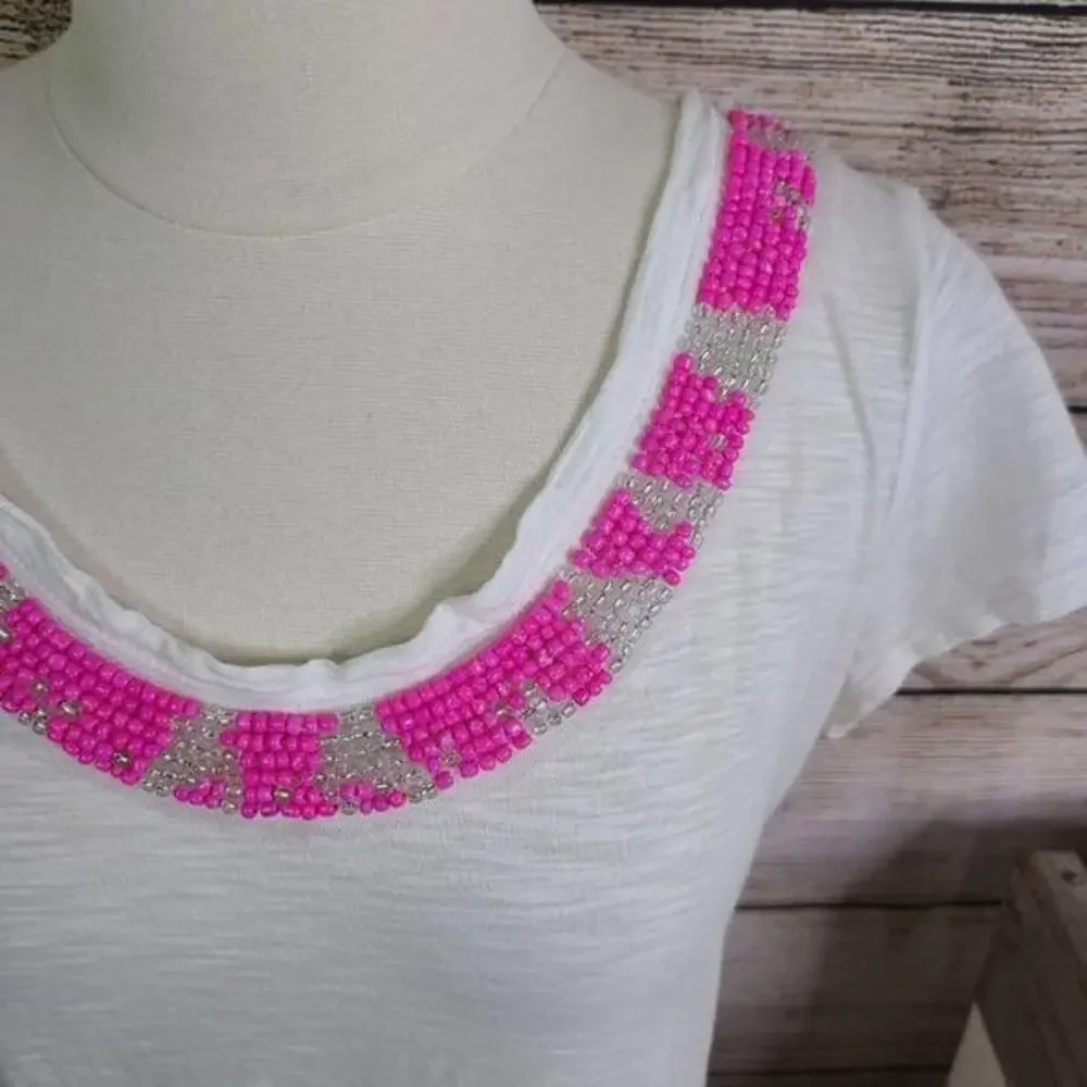 Banana Republic Milly Beaded Pink White Tee Size Medium - Picture 2 of 6